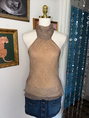 Vintage Y2K Sleeveless Halter Neck Tank Top in Light Brown